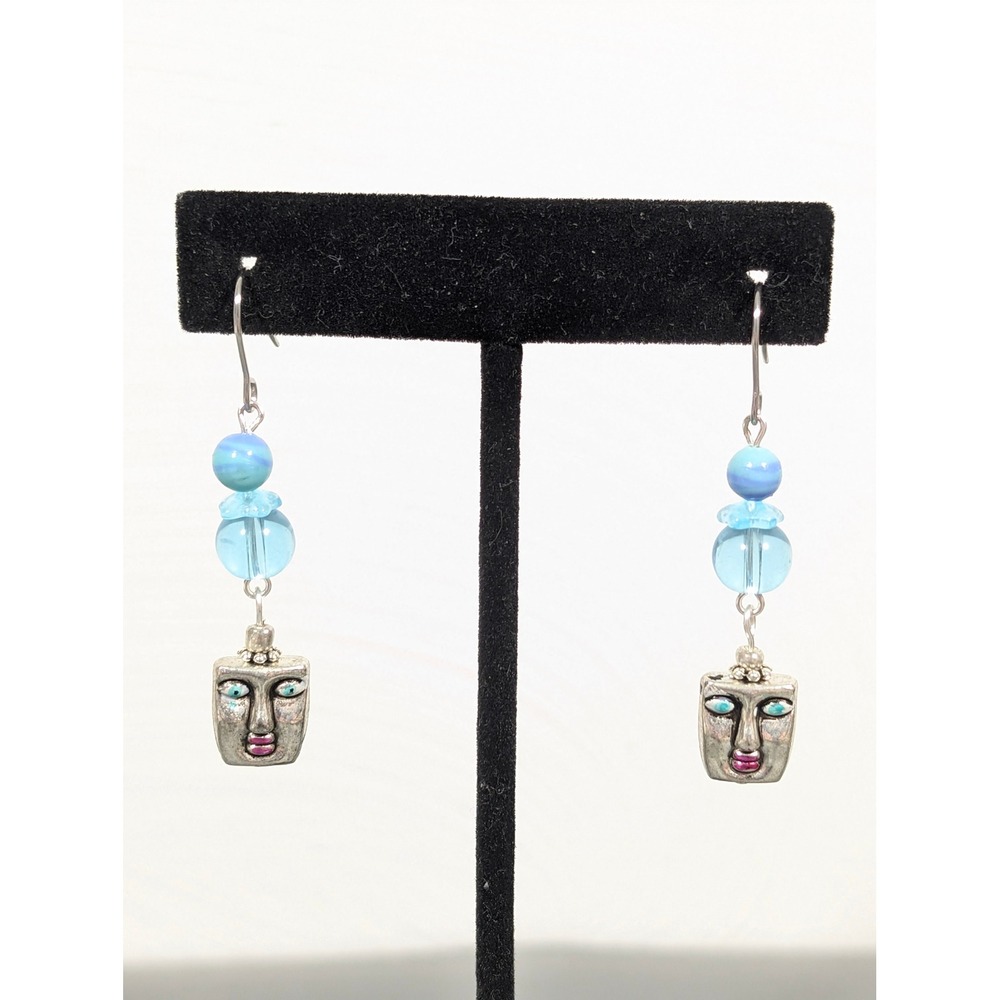 Artisan Face Bead Dangle Earrings Blue Glass Bead Art‎ Jewelry